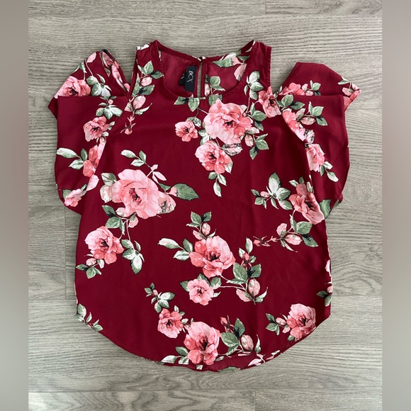 BCX Tops - BCX Red Maroon Floral Cold-Shoulder  Top Blouse Size Small